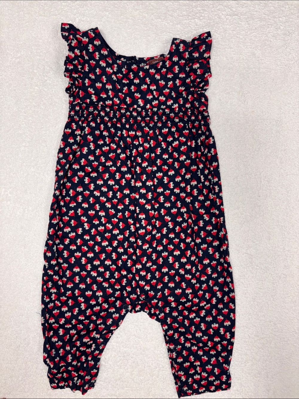 Tea Collection Navy Romper Red and White Print smocked flutter sleeve 3/6m